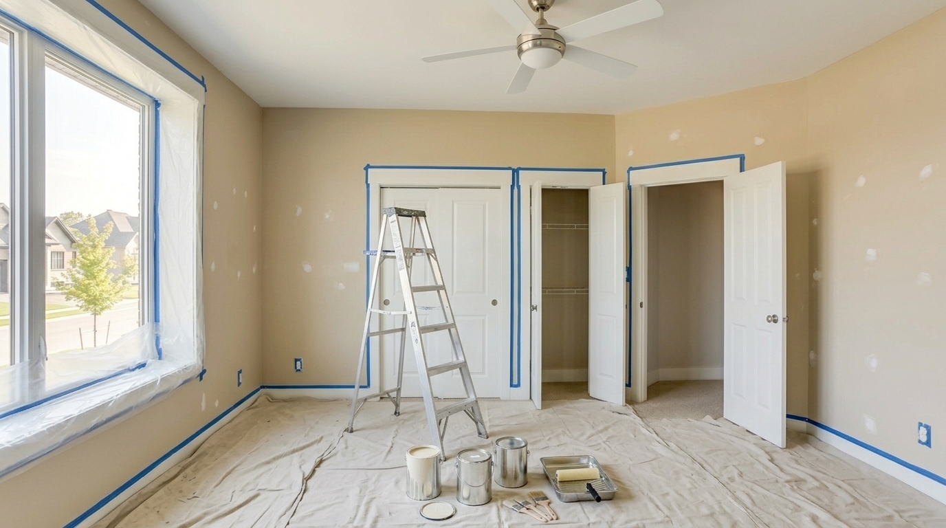 Chambre en préparation avant peinture avec échelle, baldes et ruban bleu