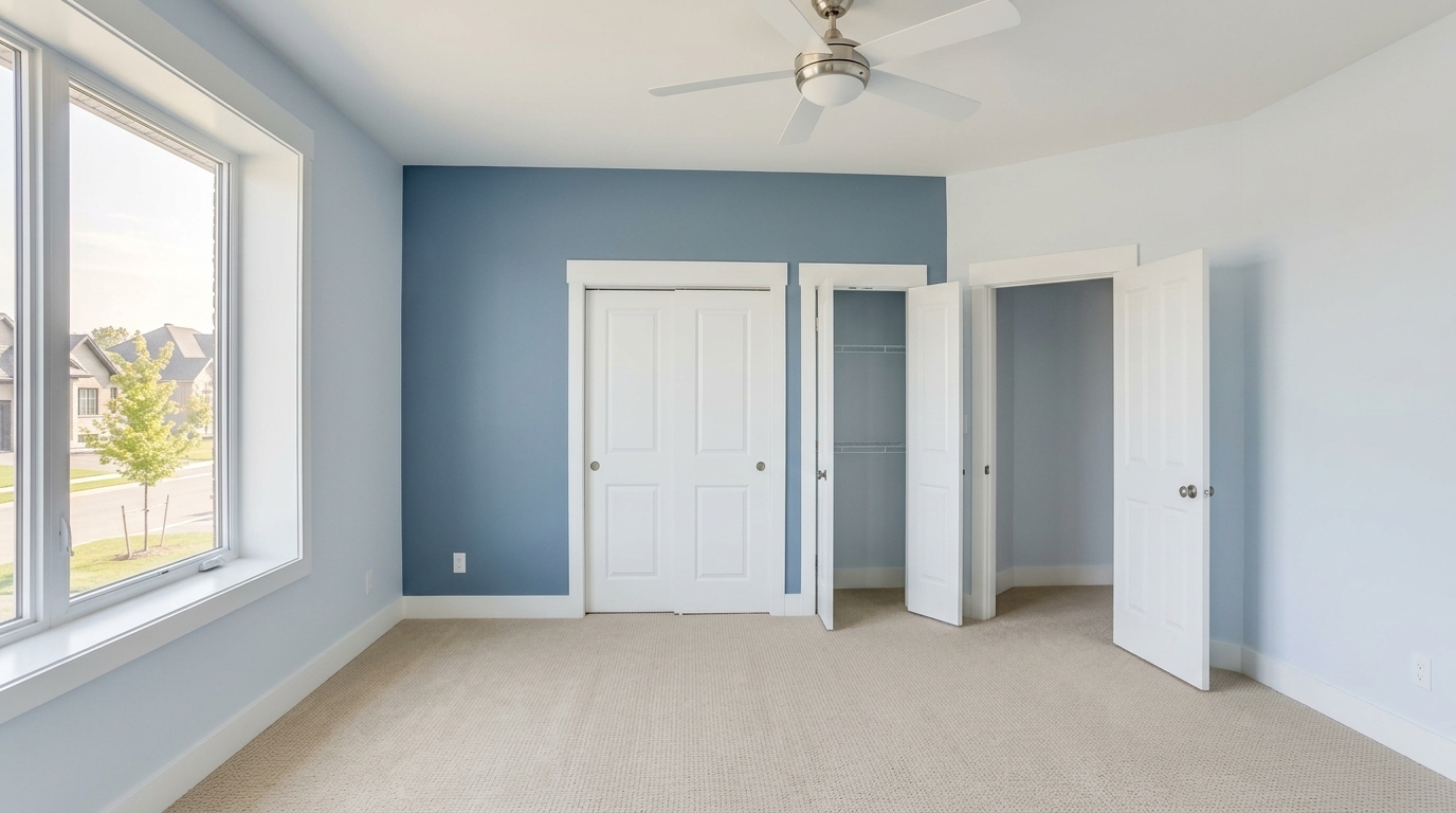 Chambre principale avec mur d'accent bleu acier dans une maison neuve à Mirabel