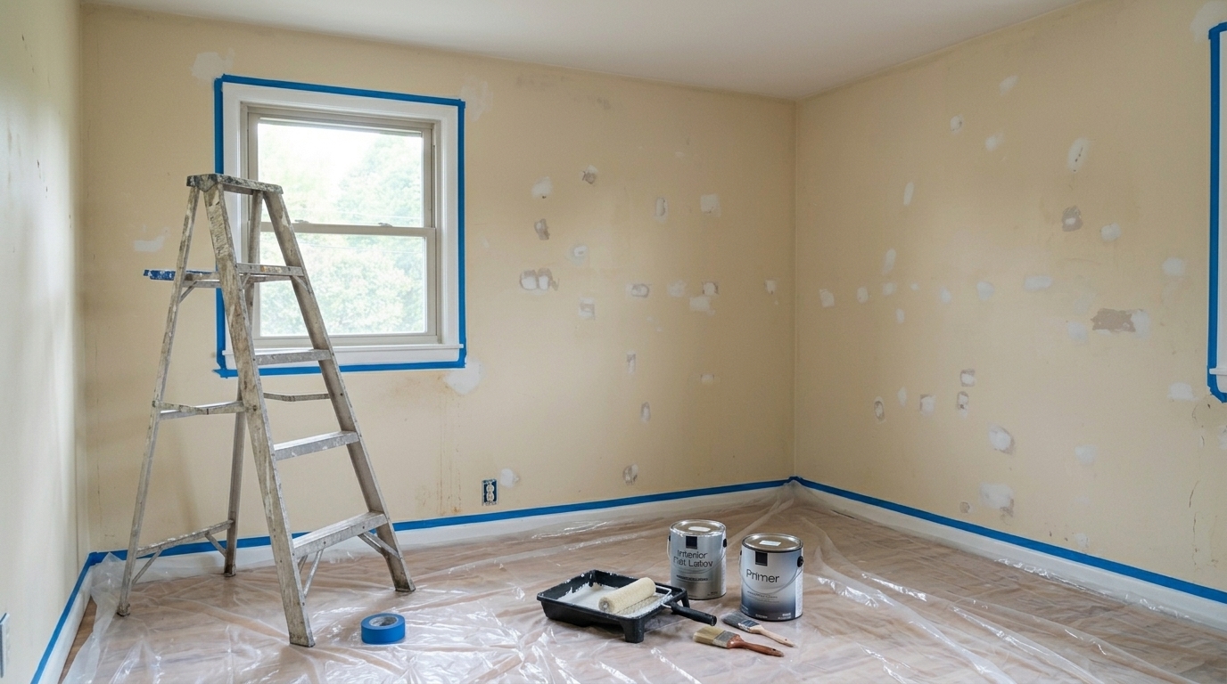Petite pièce en préparation avec toiles plastiques et matériel de peinture