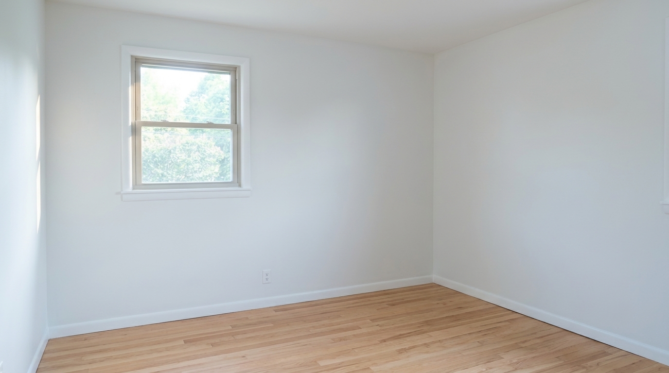 Petite pièce repeinte en blanc avec parquet et fenêtre
