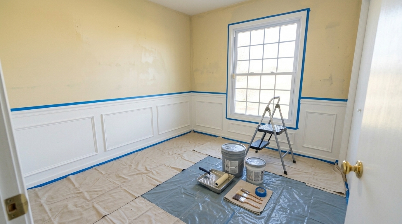 Chambre avec wainscoting en préparation avant peinture