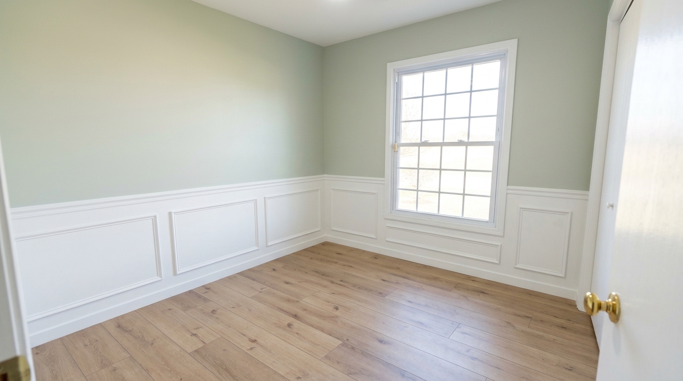 Chambre avec wainscoting blanc et mur supérieur sage dans une maison neuve